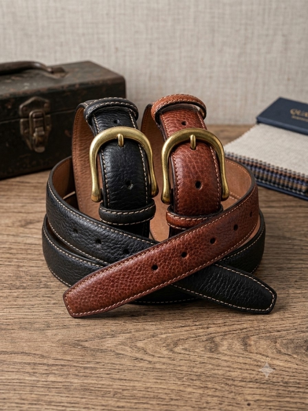 Liberty of London Pebbled Leather Belt Bundle Set of 2 Black & Brown 44